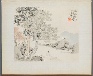 Album van Landschapsschilderijen die Oude Gedichten Illustreren: Drie Grote Bomen, een Stroom met een Oude Man Zittend aan de Oever door Hua Yan