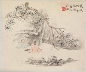 Album van Landschapsschilderijen die Oude Gedichten Illustreren: Twee Figuren Buiten: Een Luistert terwijl de Ander de Qin Speelt