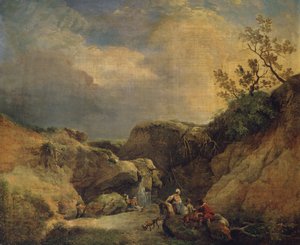 Een rotsachtig bebost landschap met reizigers die bij een waterval praten door Hubert (circle of) Robert