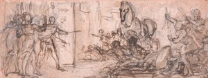 Ontwerp voor een gravure: Slag om Troje met het Paard van Troje