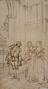 Literaire illustratie met heer en twee dames in interieur