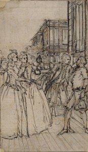 Literaire illustratie met twee dames en twee heren in een straat door Hubert Francois Gravelot