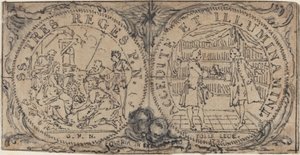 Ornamentale medaillons met de aanbidding van de wijzen en twee bibliofielen door Hubert Francois Gravelot