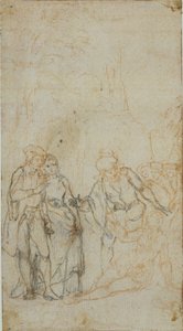 Ongeïdentificeerde literaire illustratie met een groep figuren rond liggende figuur in landschap door Hubert Francois Gravelot
