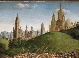 Detail van de aanbidding van het mystieke lam, van het centrale paneel van het Gentse altaarstuk (detail)