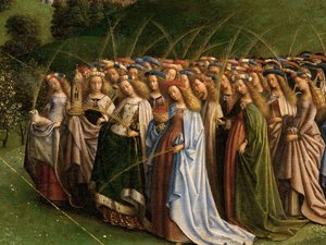 De Aanbidding van het Mystieke Lam, van het Gentse altaarstuk, detail van de onderste helft van het centrale paneel door Hubert & Jan van (1390 1441) Eyck