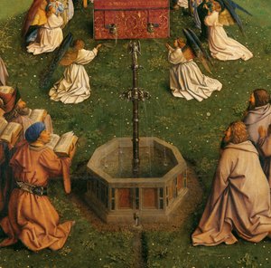 De aanbidding van het mystieke lam, van het Gentse altaarstuk (detail van onderste helft van centraal paneel) door Hubert & Jan van (1390 1441) Eyck