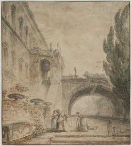 Een paleis met een gebogen brug (een Romeinse villa) door Hubert Robert