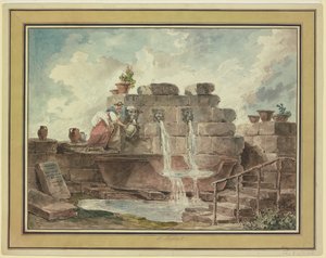 Een Romeinse fontein met een vrouw die water haalt door Hubert Robert