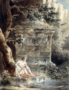 Een jonge badende bij een zuil door Hubert Robert