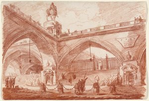 Architecturale fantasie met een triomfbrug, ca. 1760 (rood krijt op papier) door Hubert Robert