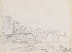Gebouwen langs een Rivieroever door Hubert Robert