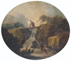 Frans: Landschap van een waterval met een brug