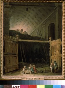 Hooischuur in een basiliek door Hubert Robert