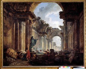 Denkbeeldig uitzicht op de Grand Galerie du Louvre in ruïnes