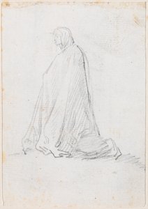 Knielende figuur in een gewaad met capuchon