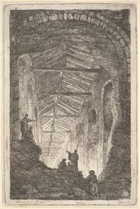 Plaat 10: De Oude Galerij: een grote overdekte galerij, licht dat binnenkomt van achteren door Hubert Robert