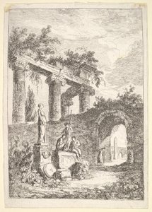 Plaat 3: Het Standbeeld Voor de Ruïnes: een standbeeld links naast drie figuren op een p..., ca. 1763-64 door Hubert Robert