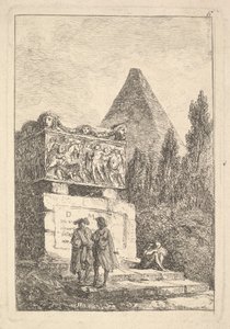 Plaat 6: De Sarcofaag: twee mannen in gesprek naar links, een andere man zittend en slap..., ca. 1763-64