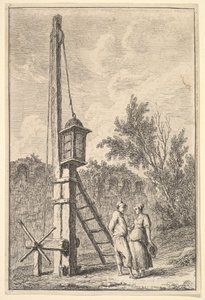Plaat 9: De Katrol: een man en een vrouw in gesprek naar rechts, een lantaarn hangt aan een paal..., ca. 1763-64 door Hubert Robert