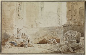 Romeins capriccio met een straatzangeres door Hubert Robert