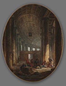 De zuilengang van Sint-Pieter, Rome, tijdens het conclaaf, ca. 1769 door Hubert Robert