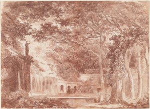 De ovale fontein in de tuinen van de Villa d