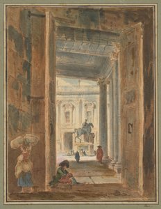 Gezicht op het Campidoglio met het standbeeld van Marcus Aurelius door Hubert Robert
