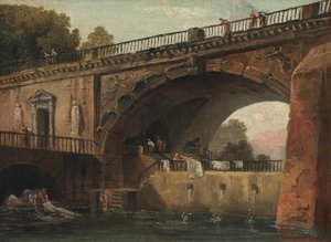 Wasvrouwen onder een brugboog door Hubert Robert