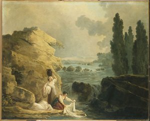 Wasvrouwen bij een Waterval door Hubert Robert