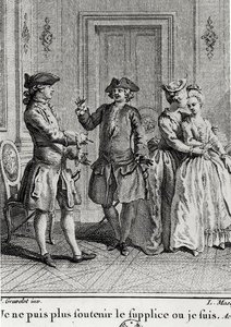 Ik kan de kwellingen hier niet meer verdragen waar ik ben, illustratie voor Eugénie door Beaumarchais, gegraveerd door Louis Joseph Masquelier (1741-1811)