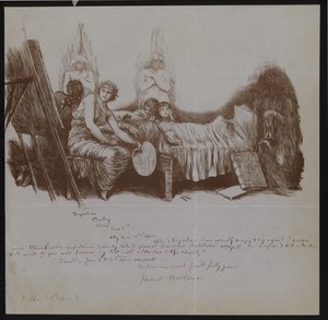 Scène van een sterfbed met kinderen en allegorische figuren, waaronder een kunstenaar met ezel door Hubert von Herkomer