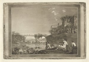 Landschap met badende nimfen door Hubertus van Hove