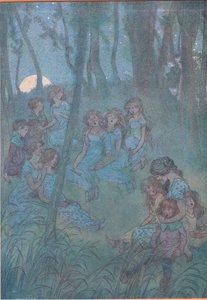 En nachtelijke weidefeeën, kijk je zingen, illustratie uit De Vrolijke Vrouwtjes van Windsor, 1910 door Hugh Thomson