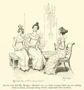 Op zijn eigen bal beledigde Mr. Bingley twee of drie jonge dames door hen niet ten dans te vragen, omdat hij volledig in beslag werd genomen door een ander (gravure) door Hugh Thomson