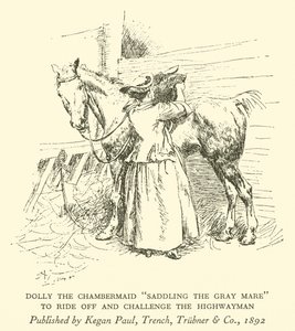 Dolly de kamermeid "Het zadelen van de grijze merrie", om weg te rijden en de struikrover uit te dagen (gravure)