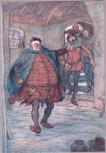 Enter Falstaff, pistool, Nym en Bardolph, illustratie uit The Merry Wives of Windsor, 1910 door Hugh Thomson