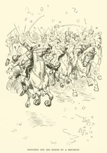 Van zijn paard geslagen door een baksteen (gravure) door Hugh Thomson