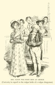 Mevrouw Elton werd voor het eerst gezien in de kerk, Nieuwsgierigheid naar de vulgaire bruid van een vulgaire predikant (gravure) door Hugh Thomson