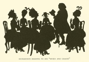 Richardson leest voor aan zijn "Muzen en Gratiën" (gravure) door Hugh Thomson