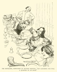 De feestvierders, betoverd door Moeder Shipton, "lachten een kwartier lang" (gravure) door Hugh Thomson