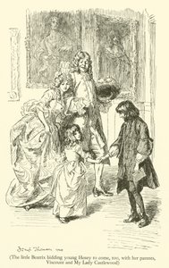 De kleine Beatrix vraagt jonge Henry om mee te komen, met haar ouders, burggraaf en mijn lady Castlewood (gravure) door Hugh Thomson