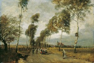 Landweg met berkenlaan door Hugo Charlemont