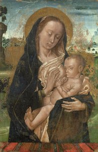De Maagd Maria kalmeert het kindje Jezus door Hugo van der studio of Goes