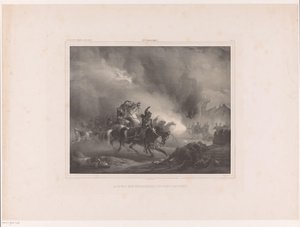 Aanvallende soldaten te paard Aanval van kurassiers op eene batterij Album der Nederlandsche schilders door Huib van Hove Bz