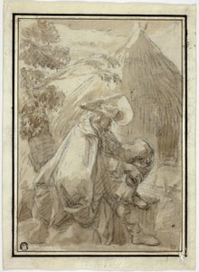 Zittende man in mantel door Thatched Hut door III Follower of Herman Saftleven