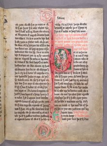 Geïllustreerde initiaal P met twee handelaren, uit het begin van het gedeelte over handel, uit Skarosbok (Het Boek van Skard) ca. 1350