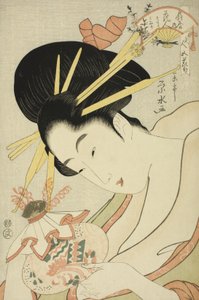 De Courtisane Hanahito van de Ogiya en bedienden Sakura en Momiji, uit de serie Schoonheden van de Vijf Festivals