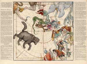 Noordpool, Plaat 1 uit Globi coelestis in tabulas planas redacti descriptio, uitgegeven 1674 (handgekleurde gravure) door Ignace Gaston Pardies