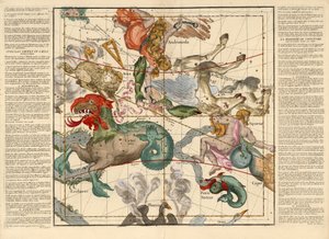Lente-equinox, Plaat 2 uit Globi coelestis in tabulas planas redacti descriptio, uitgegeven 1674 (handgekleurde gravure) door Ignace Gaston Pardies